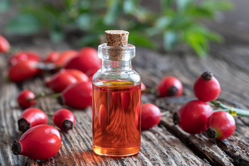 A bottle of rosehip seed oil with fresh rosehips on a table